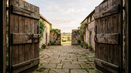 Fototapeta premium Rustic Wooden Barn Doors Open to Cobblestone Courtyard and Rural Landscape.
