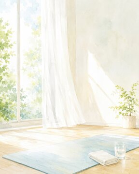 朝日が差し込む明るいヨガルームと青いマットの水彩イラスト