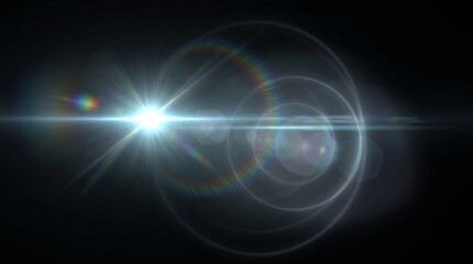 Obraz premium Cinematic Anamorphic Lens Flare with Bright Starburst and Colorful Rainbow Light Leaks on Black