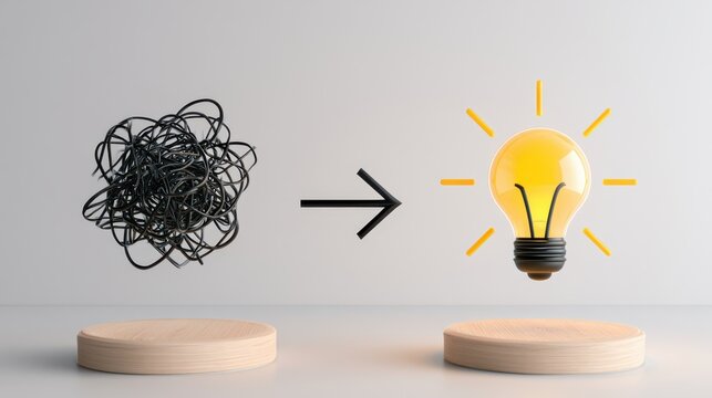 A tangled mess transforming into a glowing light bulb, symbolizing the transition from confusion to clarity and ideas.