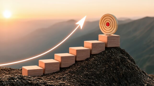 Wooden blocks form ascending steps on a mountain peak, leading to a target with a rising arrow symbolizing growth, progress, and achievement against a sunrise backdrop.