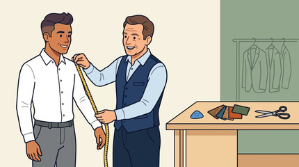 Fototapeta premium Illustration of an elderly bespoke tailor measuring a client's arm with a tape measure inside a custom suit workshop with fabric swatches.