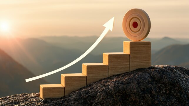 A wooden target on ascending blocks with an upward arrow symbolizes growth, progress, and achieving goals against a scenic sunrise mountain background.