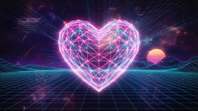 Glowing Wireframe Heart in Synthwave Grid Landscape with Retro Sunset
