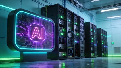 Obraz premium Futuristic Artificial Intelligence Data Center with Glowing AI Technology Display and High Performance Server Infrastructure
