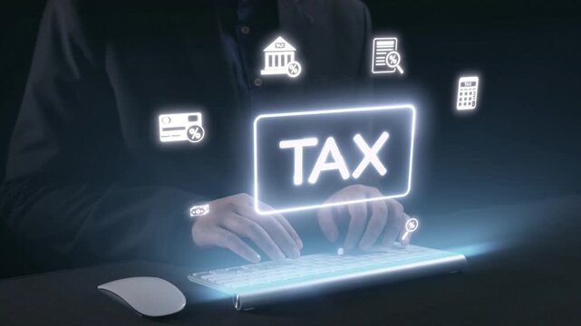 Hands typing on a keyboard showcase the concept of digital tax management, surrounded by financial icons and a central "TAX" text, emphasizing online accounting services. Qubit