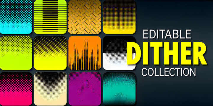 Editable dither collection of halftone pattern squares in various colors on dark background.
