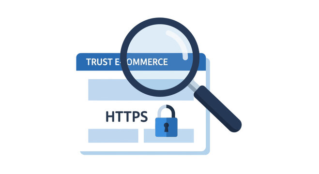 E-commerce Security Concept with Magnifying Glass, HTTPS Protocol and Padlock Icon for Secure Online Shopping