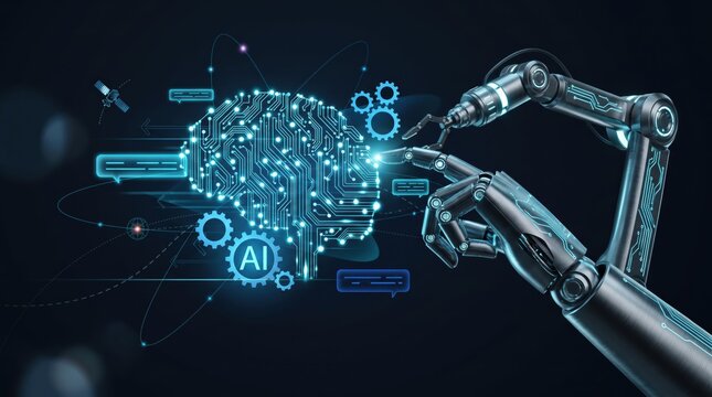 Robotic hand touching digital brain circuit board, artificial intelligence with glowing blue data connections, futuristic technology and machine learning neural network innovation