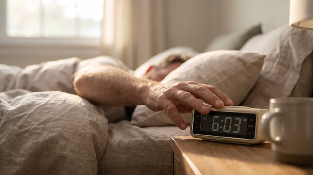 Man reaching hand out of bed to snooze or turn off digital alarm clock in cozy sunlit bedroom