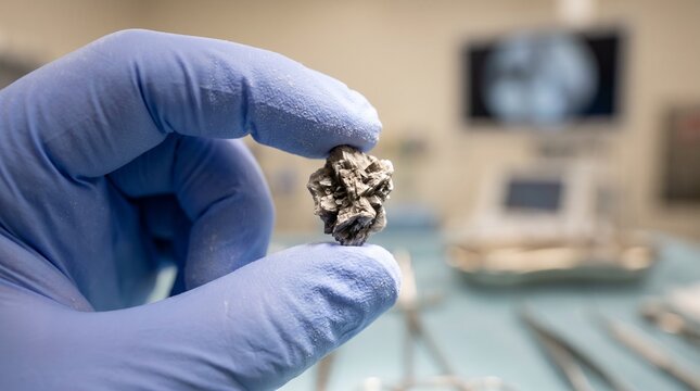 Close up of a doctor in blue surgical gloves holding a large jagged kidney stone in a medical environment