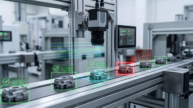 Automated computer vision system scanning industrial parts on conveyor