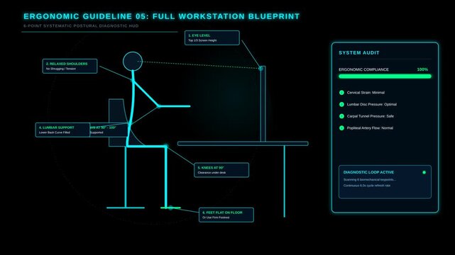 Ergonomic Workstation Blueprint Showing Six Point Postural Diagnostic HUD for Office Health