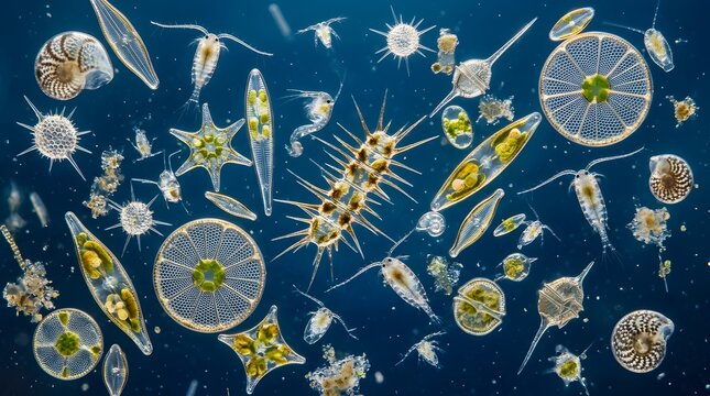 Microscopic plankton and diatoms floating in blue seawater