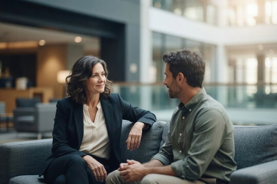 Business mentoring career coaching professional conversation corporate office executive woman young man leadership advice workplace counseling business mentoringOffice burnout recovery concept