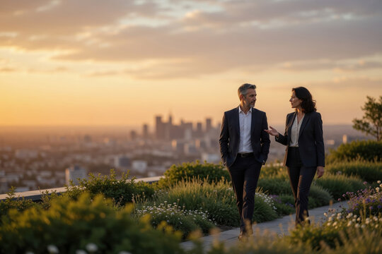 Elegant business businesspeople business conversation business communication rooftop garden city skyline urban sunset professional clothing male femaleOffice burnout recovery concept