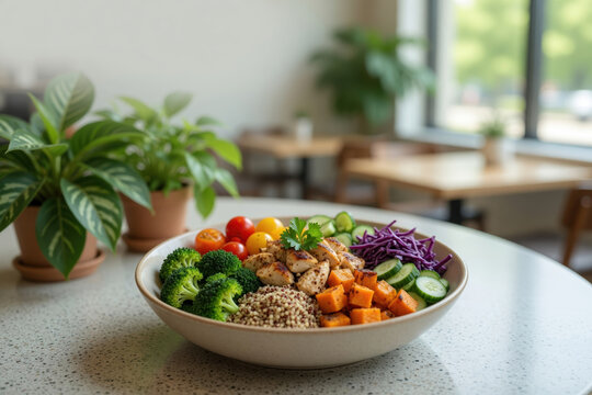 Healthy salad bowl quinoa vegetable chicken broccoli tomato cucumber lunch healthy salad bowl quinoa vegetable chicken broccoli tomato cucumber lunch cafe tableOffice burnout recovery concept