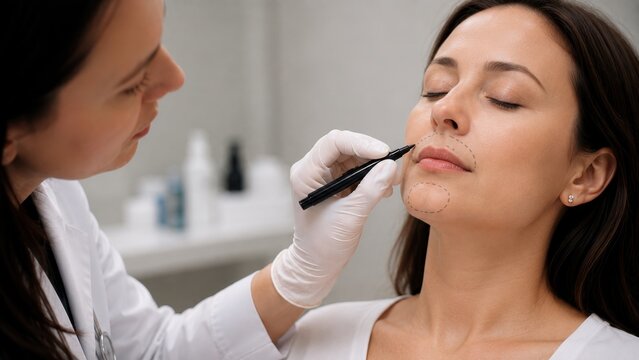 Laser face mapping dashed oval zones marked around lips and chin of woman with eyes closed by gloved aesthetic doctor with black pen, perioral laser resurfacing treatment planning