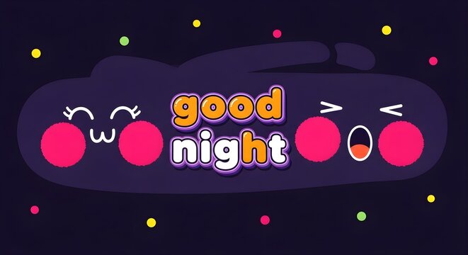 A cute cartoon illustration wishing good night with kawaii faces against a starry dark blue background.