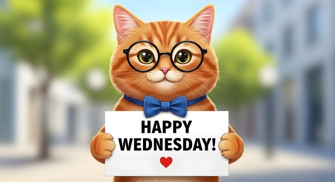 A cute orange cat wearing glasses and a bowtie holding a sign that says Happy Wednesday.