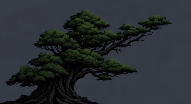 A detailed pixel art illustration of a weathered bonsai tree against a dark grey background.