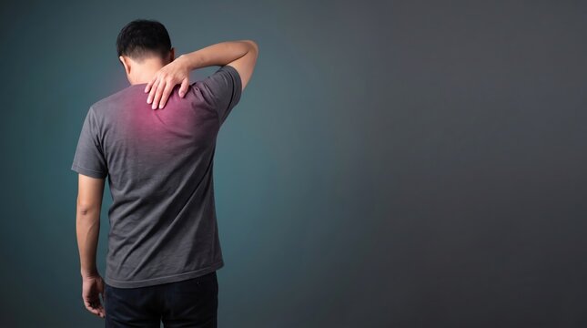 Man suffering from severe back and shoulder pain holding neck against grey wall, chronic muscle ache discomfort, physical injury health problem, medical condition treatment need