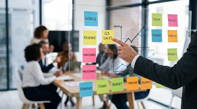 Executive pointing at Q3 sales graph on transparent board with sticky notes for goals, revenue, challenges, milestones, team, budget, timeline, progress in conference room