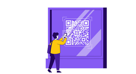 Obraz premium Man Scanning Digital QR Code on Public Screen with Smartphone, Mobile Technology and Contactless Payment Illustration