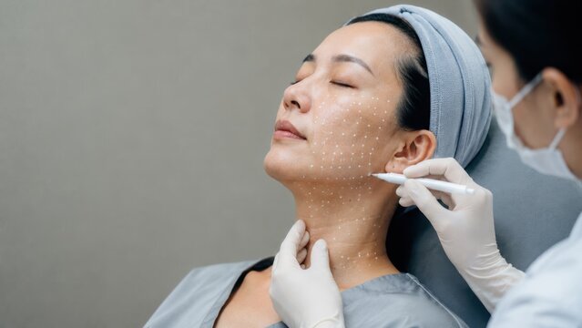 Skin booster mapping white dot grid pattern marked across full face and neck of Asian woman with eyes closed by gloved aesthetic doctor before treatment