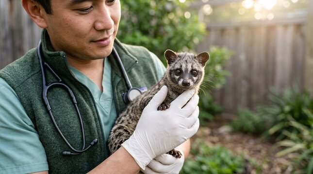 An Asian male wildlife veterinarian wearing a stethoscope and rubber gloves holding a small Asian palm civet while performing a gentle physical health assessment outdoors.