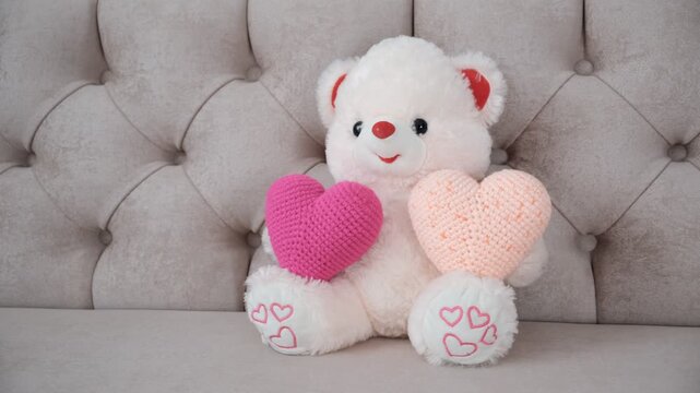 Teddy bear sitting on sofa with pink heart, pastel colors. Cute plush toy, soft lighting, dreamy atmosphere. Ideal for love, family, and childhood themes. Perfect for projects that need a touch of hea