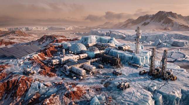 Remote research base on icy alien planet surface with research, exploration