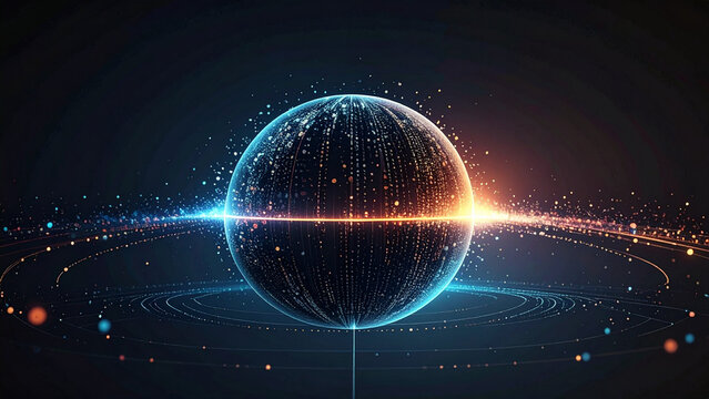 Abstract glowing digital sphere with particle rings and data streams