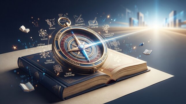 Vintage compass resting on open book with glowing light beam and floating celestial icons background