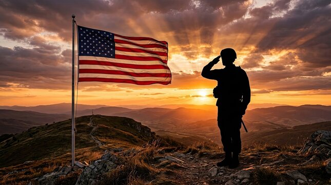 Veterans day military soldier saluting an american flag flying on a pole at golden sunset over a scenic mountainous landscape with armed forces, golden hour