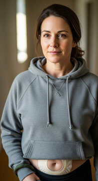 Confident woman with visible ostomy bag on stomach wearing grey hoodie standing indoors looking at camera