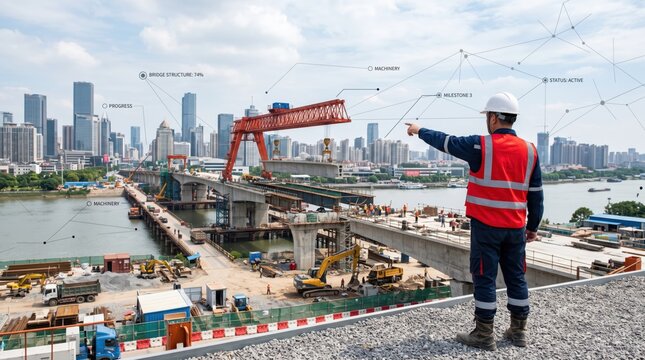 Civil engineer in safety vest pointing at large bridge construction site with city skyline background, industrial infrastructure development project management