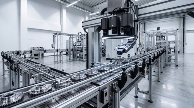 Automated robotic arm assembling metal gears on conveyor belt in modern smart factory, industry 4.0 automation and manufacturing technology concept
