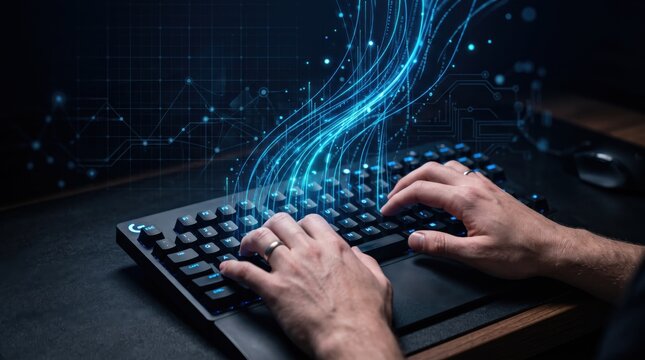 Close up of hands typing on keyboard with blue digital data stream flowing upwards, representing coding and internet technology