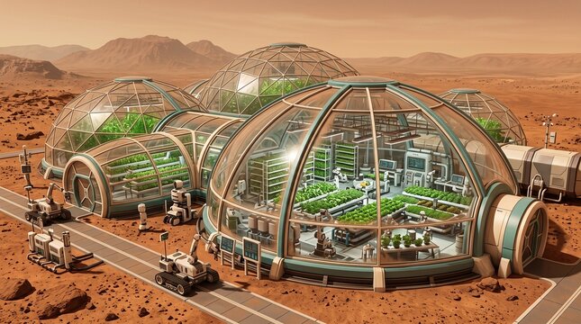 Mars surface research base with geodesic bio-dome greenhouse modules, sci