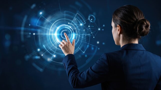 Businesswoman interacting with futuristic holographic interface, touching virtual screen, advanced technology, artificial intelligence, augmented reality, digital innovation