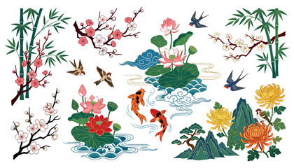 Obraz premium Traditional Chinese Nature Illustration Vector Set with Bamboo, Cherry Blossom, Lotus Flowers, Koi Fish, Birds, Mountains, and Chrysanthemum for Oriental Cultural Designs