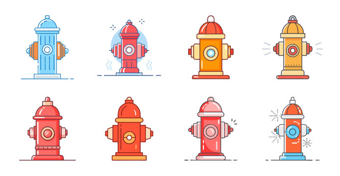 Colorful fire hydrant icons in a row - Bright and cheerful vector icons of fire hydrants in various colors arranged neatly in a single row.