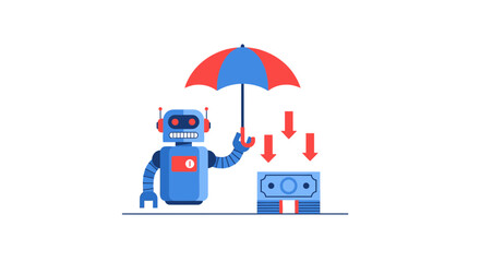 Naklejka premium AI Robot Protecting Money with Umbrella from Financial Loss and Market Downturn - Wealth Management and Security Concept Illustration
