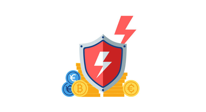 Cryptocurrency and Financial Asset Protection Concept with Shield, Lightning Bolt, and Coin Stacks Illustration