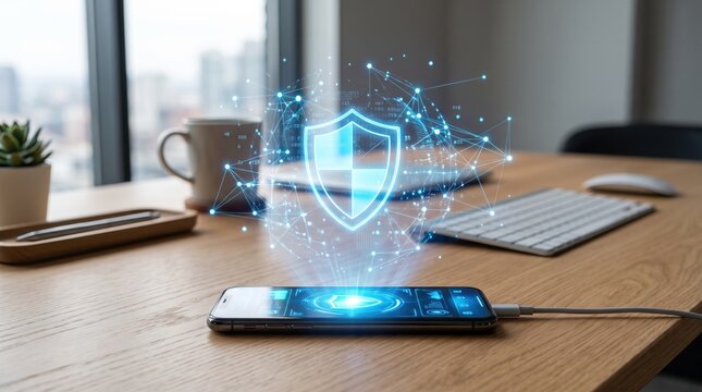 Smartphone displaying holographic cybersecurity shield icon on wooden desk, symbolizing mobile security protection and digital safety technology in modern workspace with keyboard