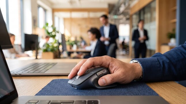Close-up of businessman hand using wireless computer mouse on blue mousepad at wooden desk, with colleagues collaborating in of bright modern open plan office environment
