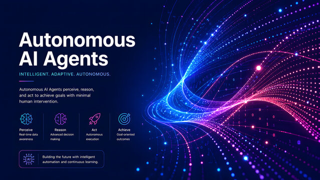 Autonomous AI agents banner features glowing particle wave with machine learning workflow icons. Artificial intelligence automation vector concept. Ideal for tech business presentations.