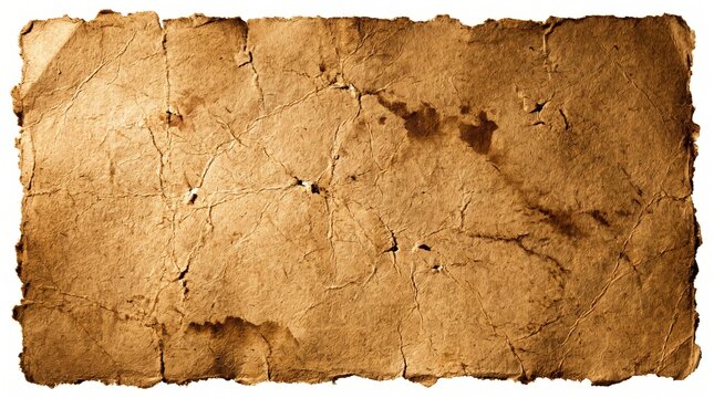 Aged parchment paper with torn edges and discoloration has a white background