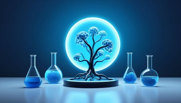 Biotechnology dome with glowing tree and laboratory flasks